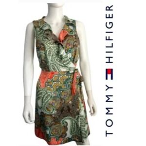 Tommy Hilfiger Ruffle Dress Sz XS Green Sleeveless Silky Wrap Cottagecore Summer